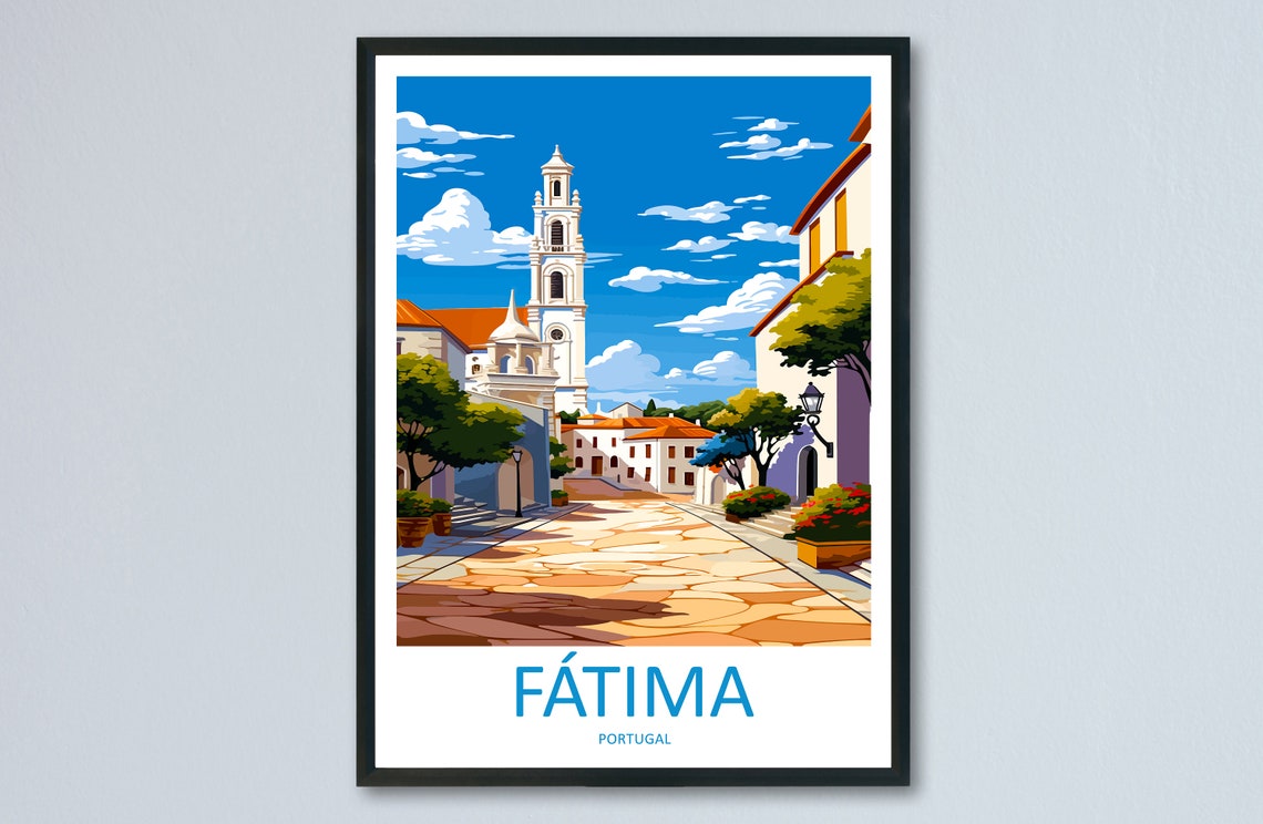 Fátima Portugal Church Square White Tower Pilgrim Travel Poster Art