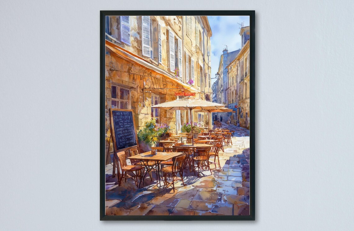 Aix en Provence France Sunny Street Cafe Terrace Watercolor Art Poster