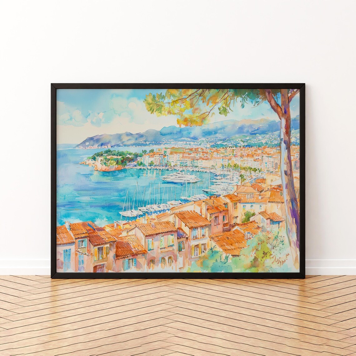 Cannes France Bay Harbor Yachts Watercolor Travel Art Poster