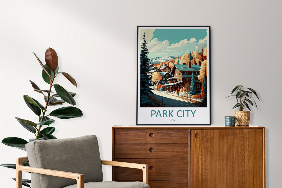 Park City Utah Timber Lodges Among Autumn and Snowy Pines Poster - Image 2