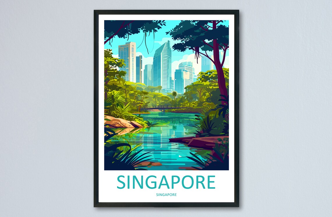 Singapore Garden City Skyline Travel Poster Tropical Art Scene