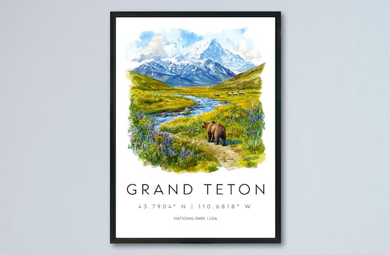 Grand Teton Wyoming Watercolor Snow Peaks River Bear Valley National Park Poster