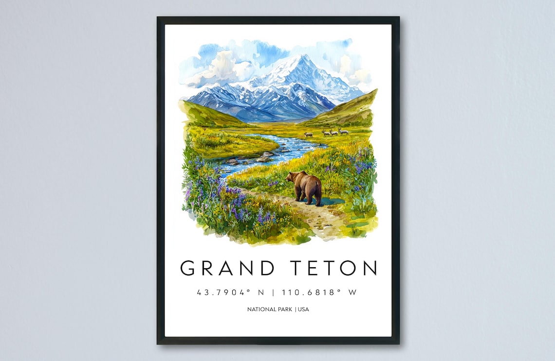 Grand Teton Wyoming Watercolor Snow Peaks River Bear Valley National Park Poster
