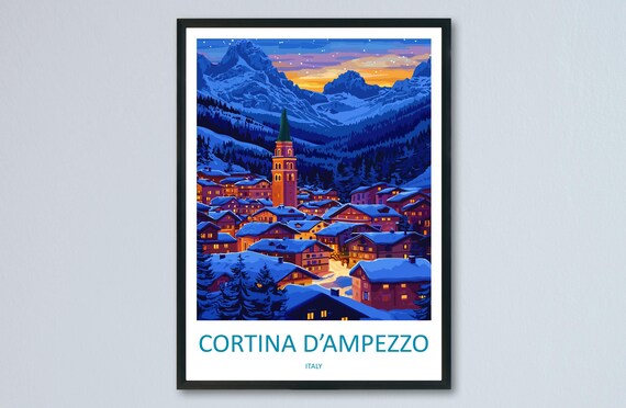 Cortina d'Ampezzo Italy Night Village Peaks Glow Travel Poster