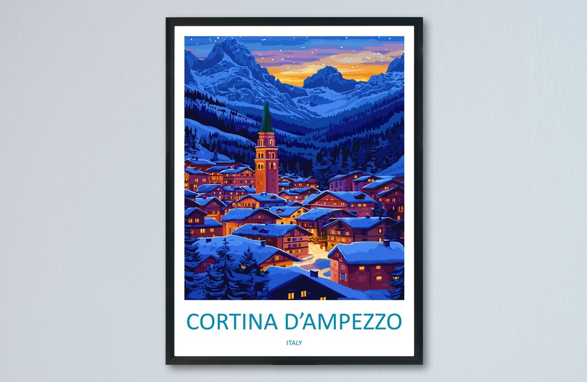 Cortina d'Ampezzo Italy Night Village Peaks Glow Travel Poster