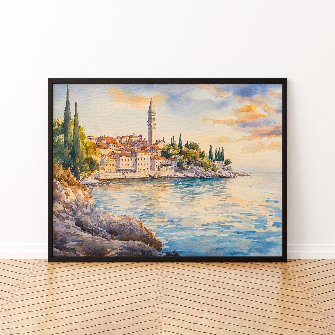 Rovinj Croatia Watercolor Poster St Euphemia Tower Palm Coast Travel Art