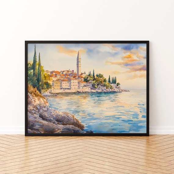Rovinj Croatia Watercolor Poster St Euphemia Tower Palm Coast Travel Art