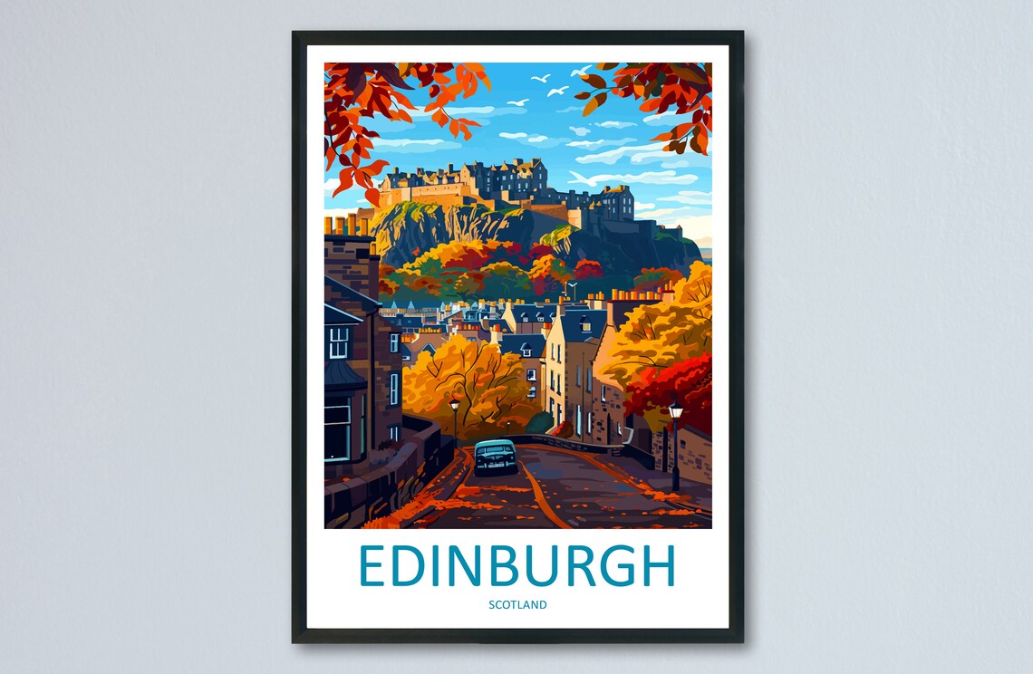 Edinburgh Scotland Castle Rock Winding Autumn Street Scene Poster