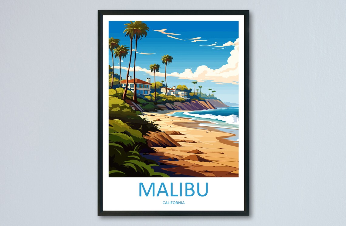 Malibu California Sandy Beach Palm Trees Vintage Travel Poster