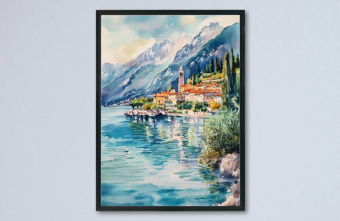 Lake Garda Malcesine Church Tower Lakeside Mountains Watercolor Poster