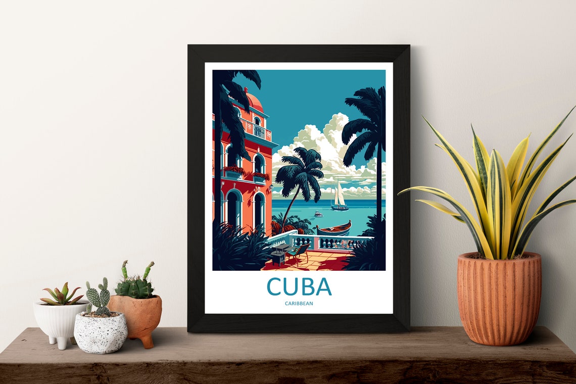 Cuba Caribbean Colonial Terrace Palms Sailboat Sea View Poster - Image 3