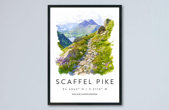 Scafell Pike Watercolor Travel Poster, UK Landscape