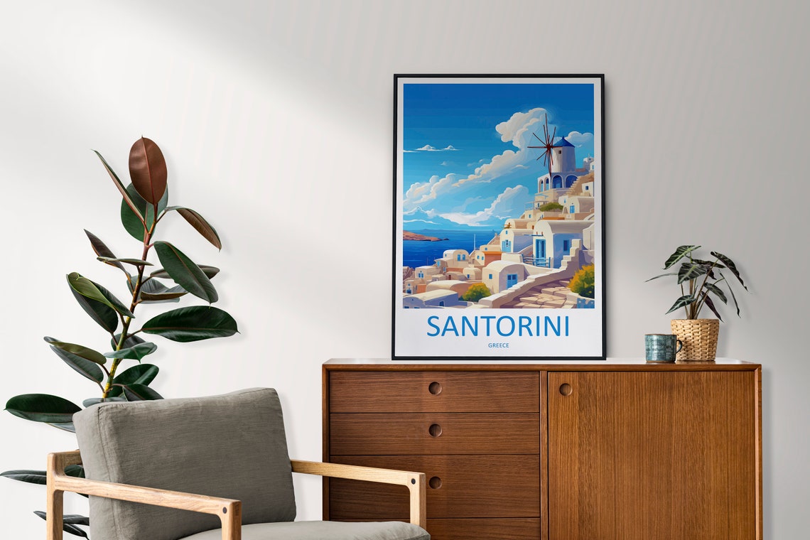 Santorini Whitewashed Village And Windmill Greece Travel Poster - Image 2