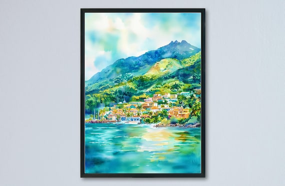 Mediterranean Coastal Village Under Majestic Mountains Poster