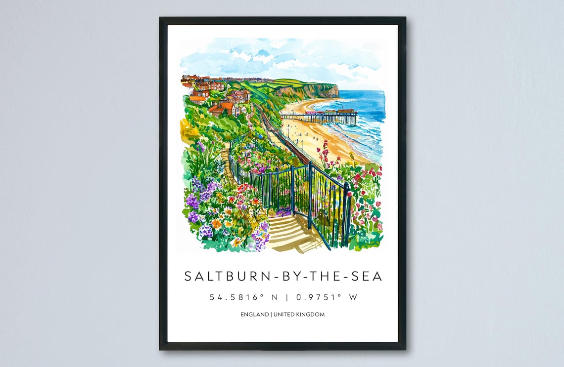 Saltburn Watercolor Travel Poster, Coastal Painting