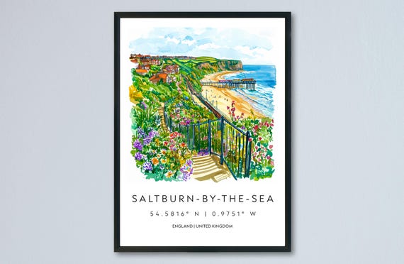 Saltburn Watercolor Travel Poster, Coastal Painting