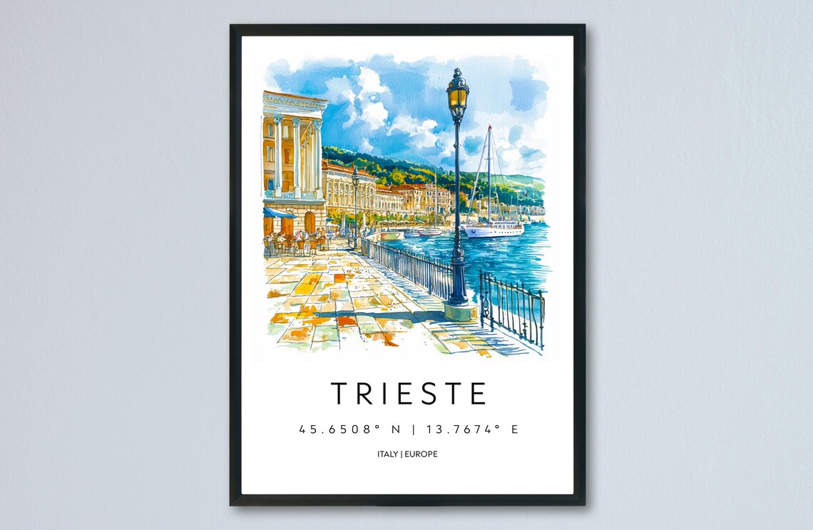 Trieste Italy Watercolor Travel Poster Harbor Promenade Scene