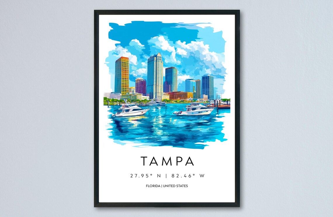 Tampa Florida Watercolor Downtown Skyline Boats Art Travel Print