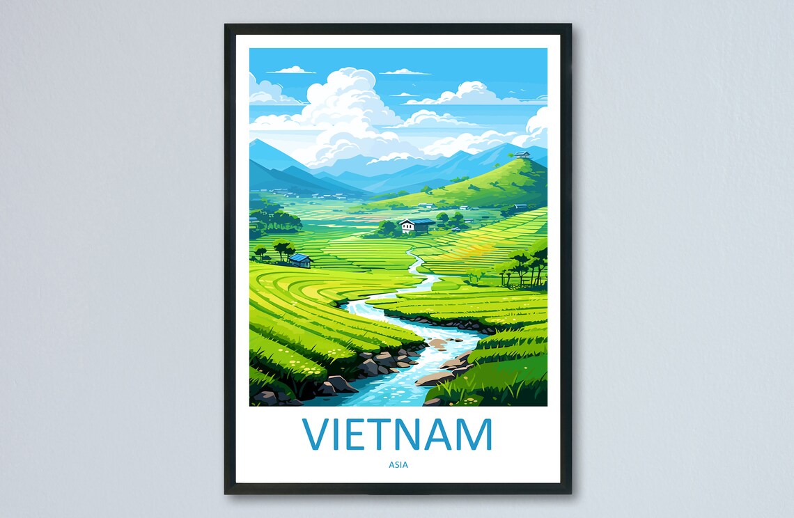 Vietnam Rice Terraces Mountain Stream Green Valley Travel Poster