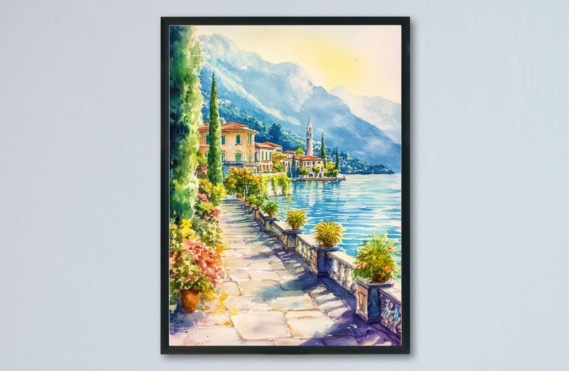 Elegant Lakeside Villa Cypress Walkway Mountains Watercolor Poster