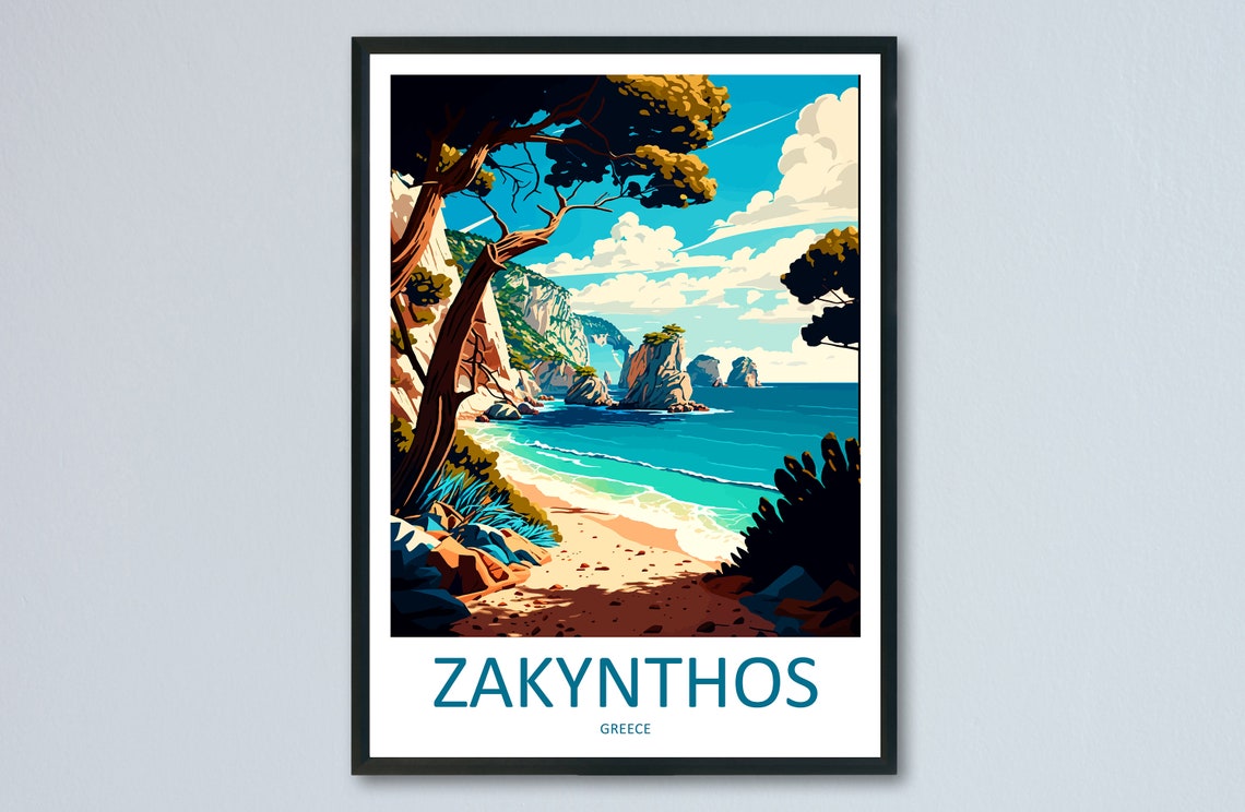 Zakynthos Greece Cliff Beach Turquoise Cove Bright Travel Poster