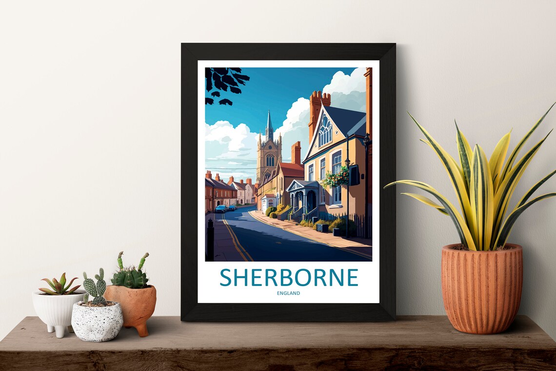 Sherborne England Old Town Street with Historic Church Travel Poster - Image 3
