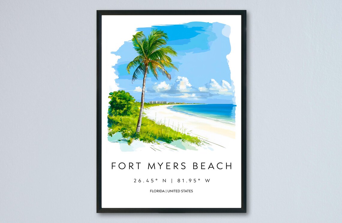 Fort Myers Beach Florida Palm Tree Shoreline Watercolor Poster