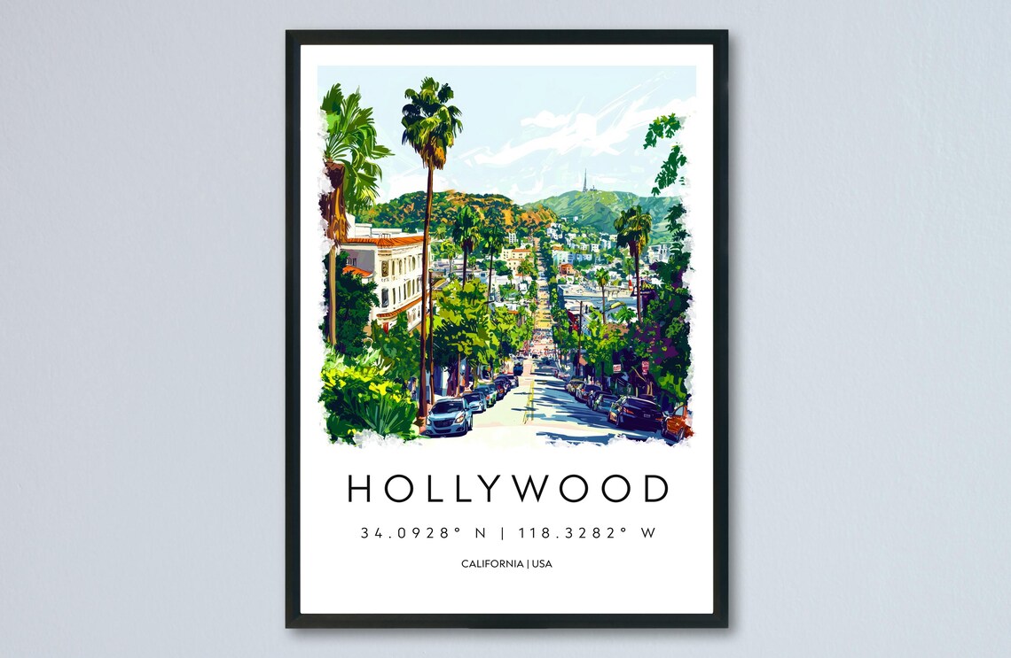 Hollywood California Palm Street Hills Watercolor City Travel Poster