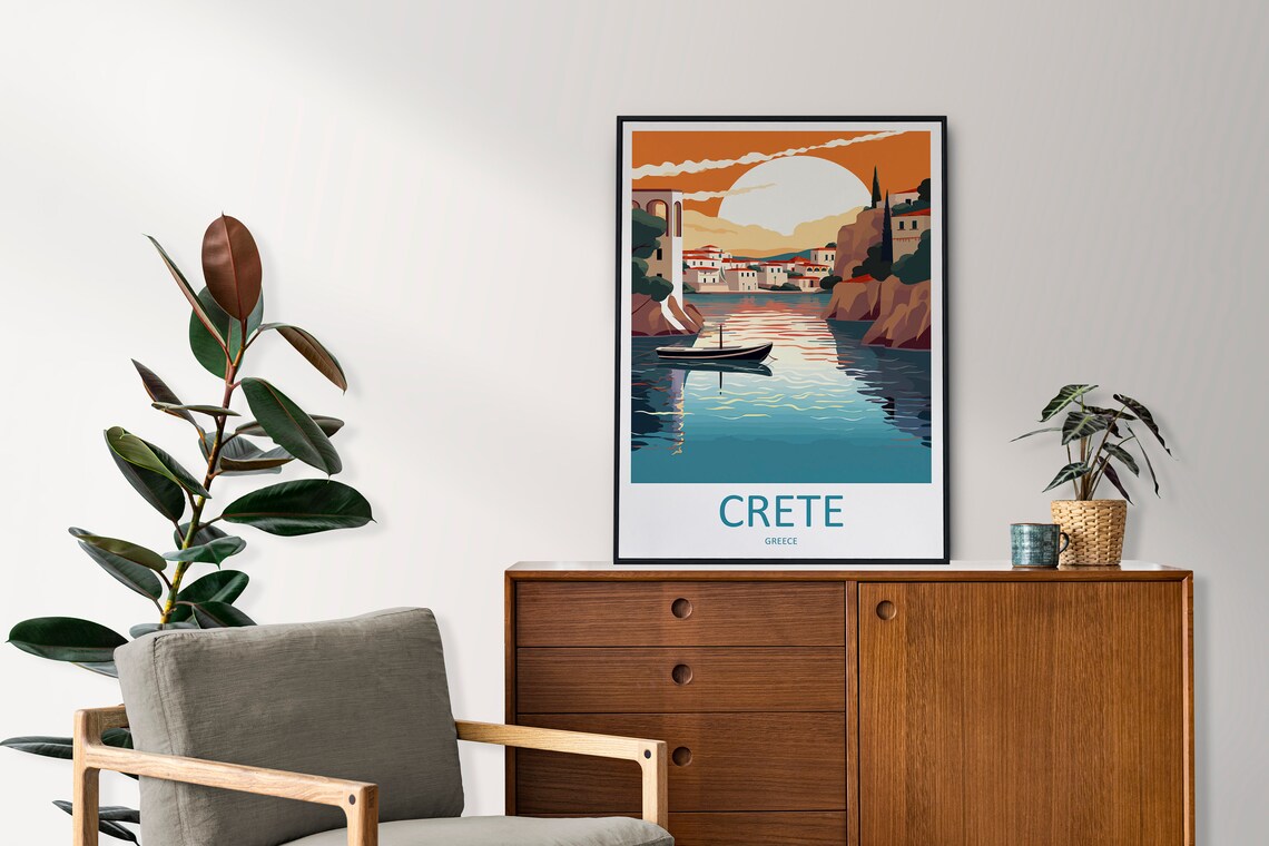 Crete Greece Sunset Harbor Fishing Boat Seaside Village Travel Poster - Image 2