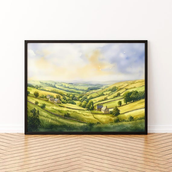 Nidderdale England Watercolor Poster Travel Print Countryside Landscape Painting Valley Scene Wall Art Uk Souvenir