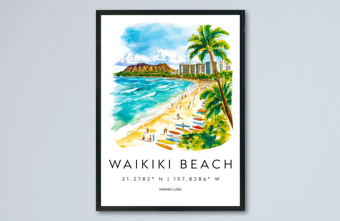 Waikiki Beach Hawaii Surfboards Diamond Head Watercolor Travel Poster