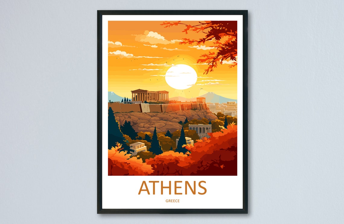 Athens Acropolis Sunset Orange Sky Illustration Travel Poster