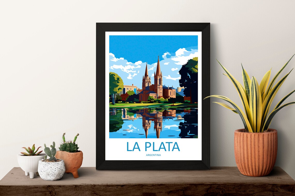 La Plata Argentina Cathedral Twin Spires Lake Reflection Travel Poster - Image 3