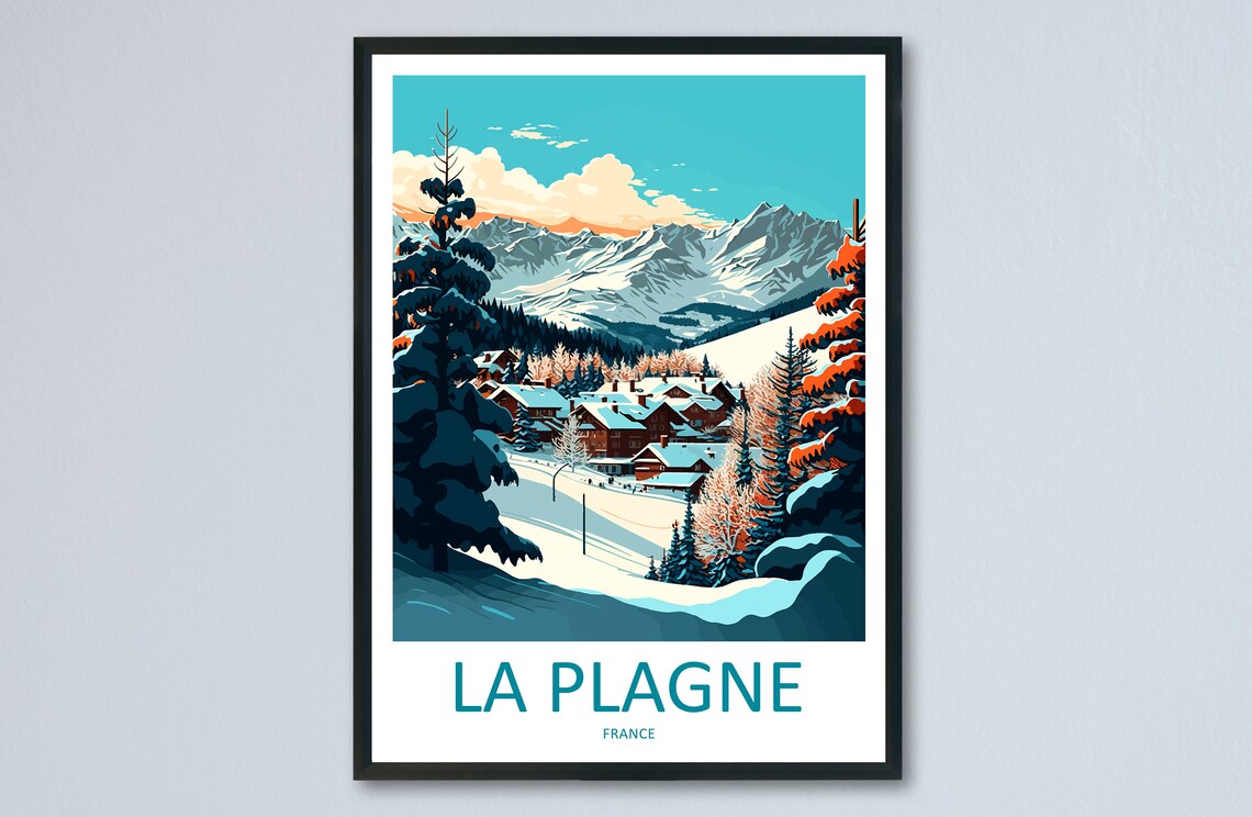 La Plagne France Ski Resort Poster with Snowy Alpine Village