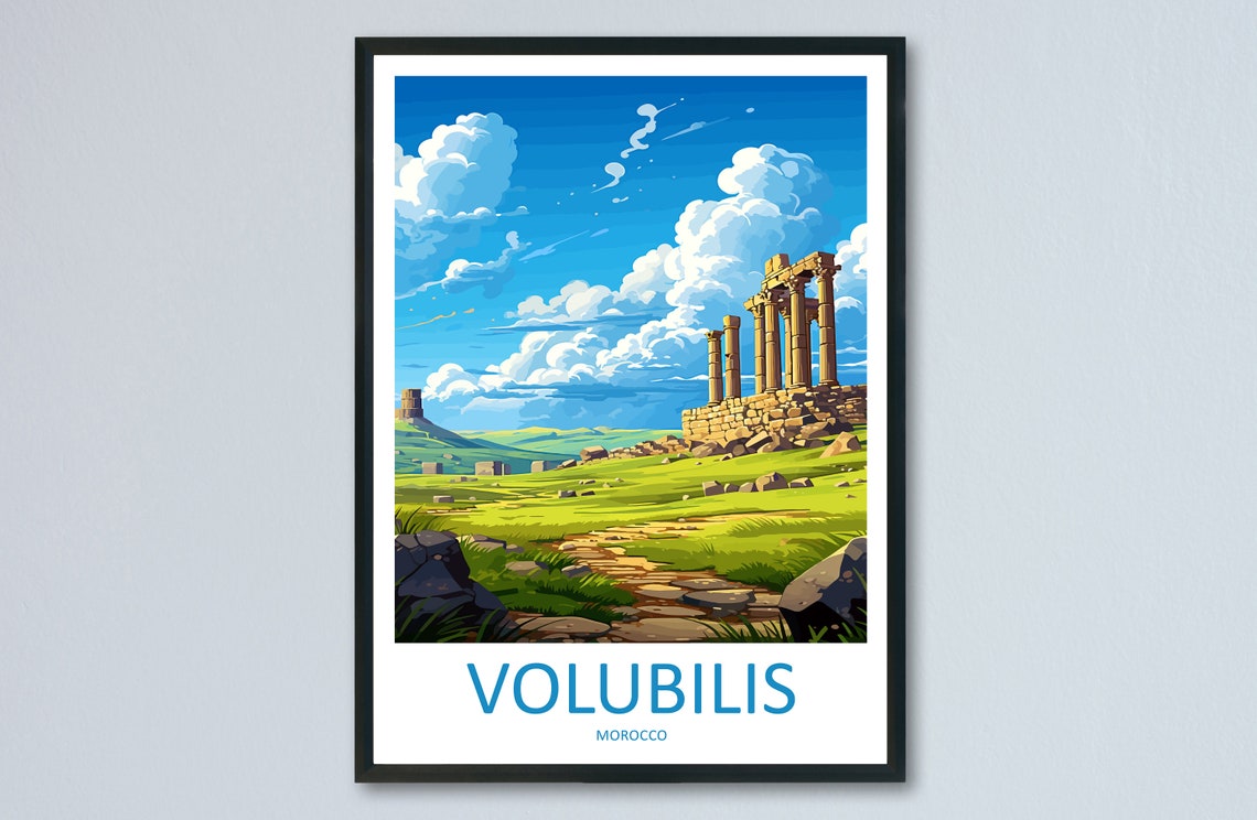 Volubilis Morocco Ancient Roman Ruins Green Hills Travel Poster