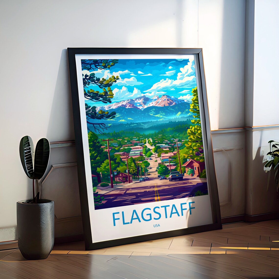 Flagstaff Arizona Mountain Town Main Street View Travel Poster
