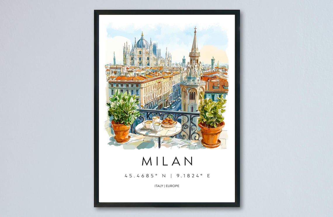 Milan Watercolor Travel Poster, Italy Cityscape