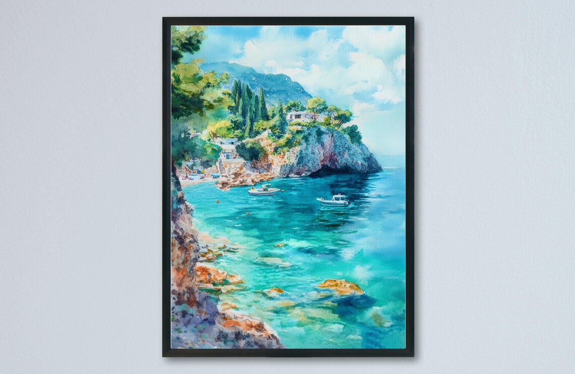 Corfu Greece Cliffside Turquoise Cove Watercolor Travel Poster