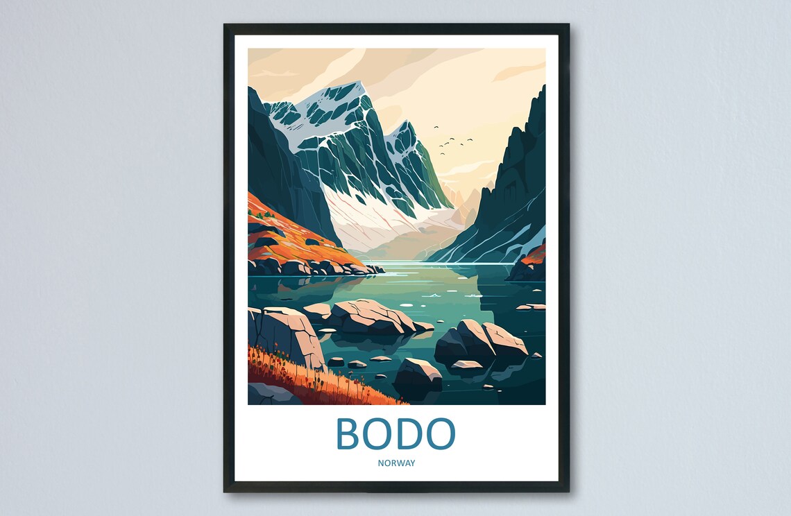 Bodo Norway Snowy Mountain Peak Fjord Lake Sunrise Travel Poster