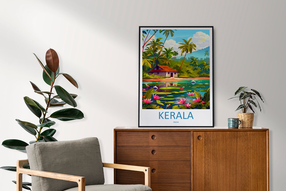Kerala India Backwater Palm House Water Lilies Travel Poster - Image 2