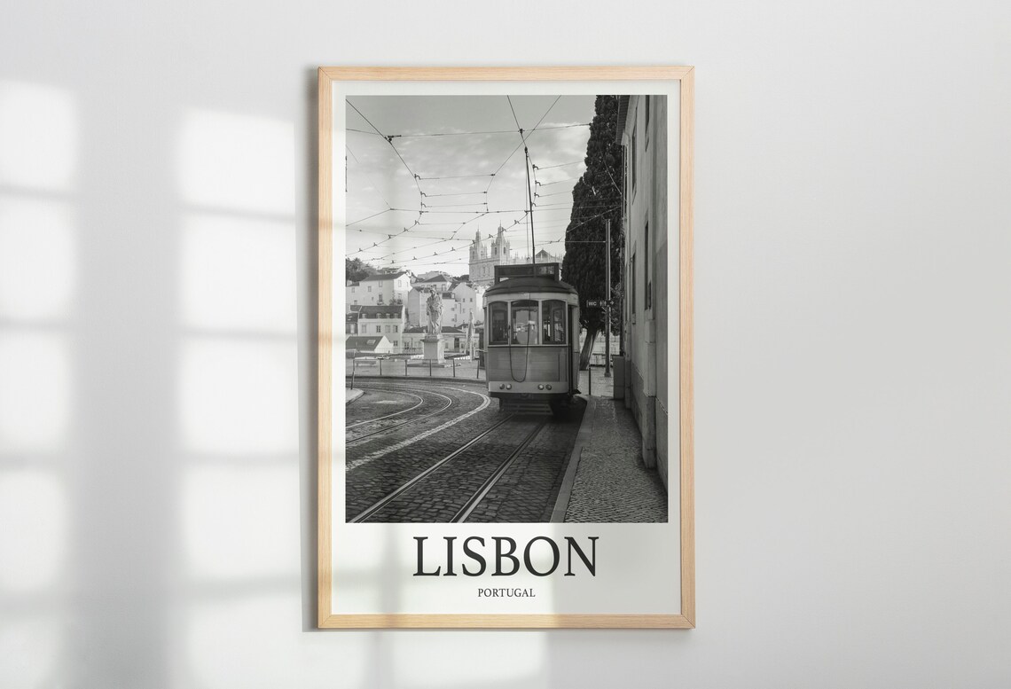 Lisbon Portugal Classic Tram Cobblestone Curve Street Poster