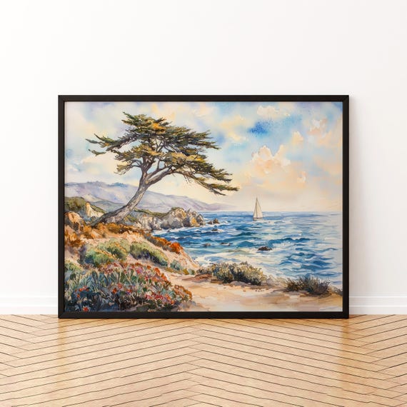 Monterey Bay Watercolor Poster Landscape Wall Art Hanging Home Dcor Gift Lovers United States