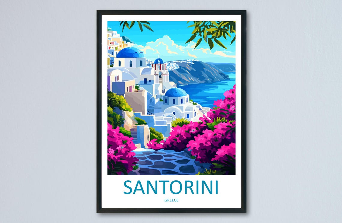 Santorini Blue Domes Bougainvillea Aegean Greece Travel Poster