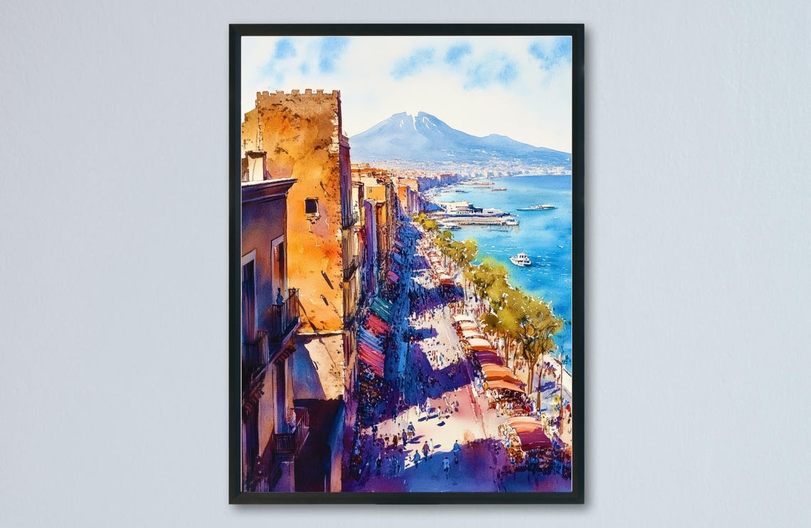 Naples Waterfront Mount Vesuvius Bay Watercolor Travel Poster