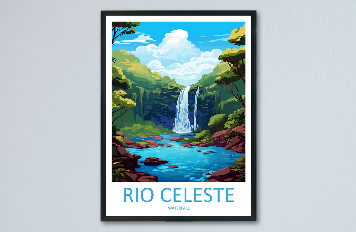 Rio Celeste Waterfall Costa Rica Blue River Jungle Falls Travel Poster