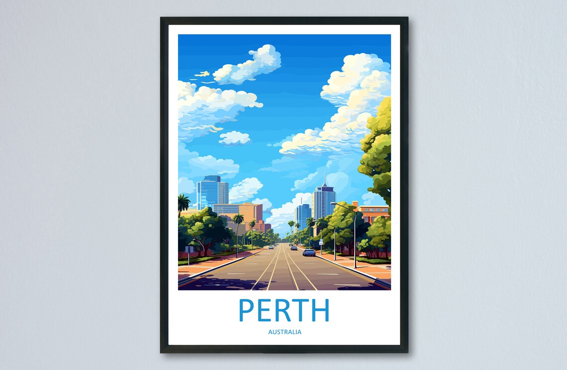 Perth Australia City Skyline Tree Lined Avenue Travel Poster
