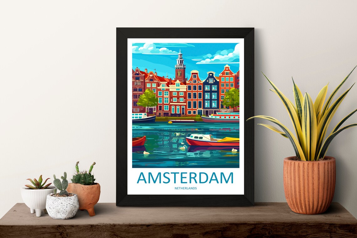 Amsterdam Netherlands Wide Canal Swans Tour Boats Travel Poster - Image 3