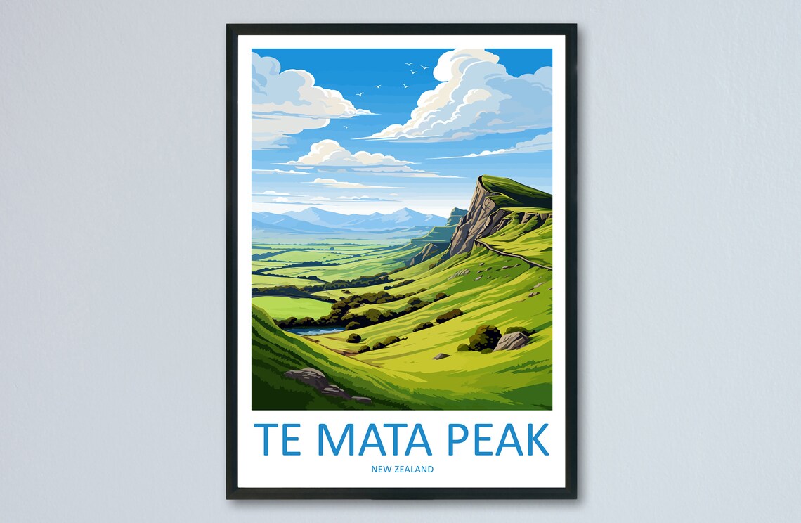 Te Mata Peak Green Valley Ridgeline New Zealand Travel Poster