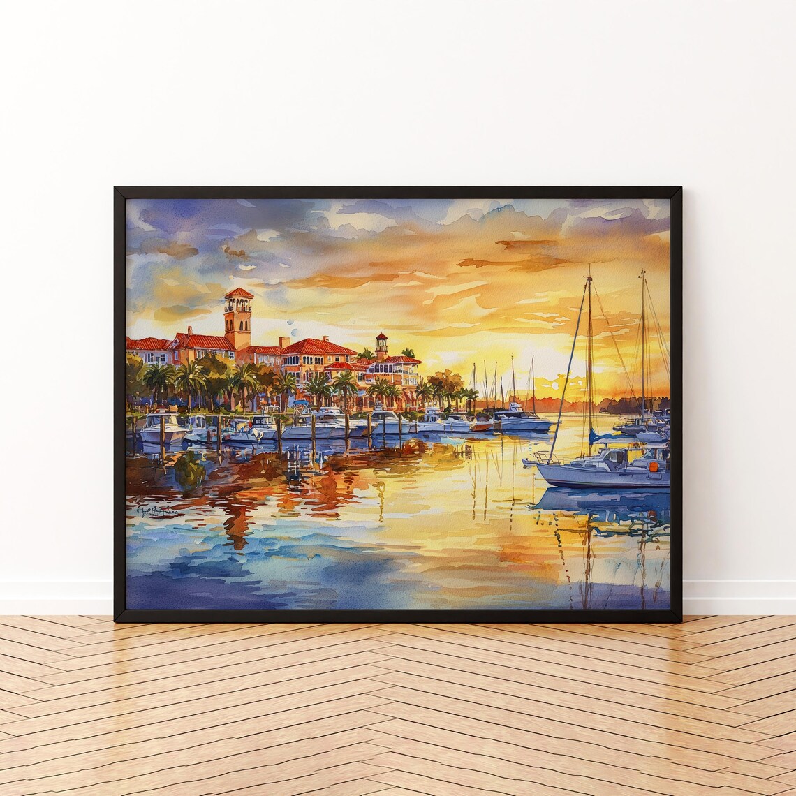 Saint Augustine Florida Marina Watercolor Poster Sunset Sailboats Harbor View