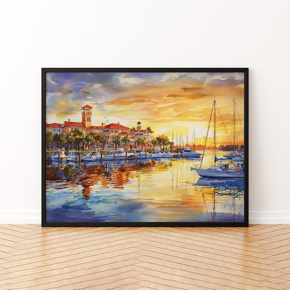 Saint Augustine Florida Marina Watercolor Poster Sunset Sailboats Harbor View